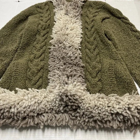 Mitmak Jacket Womens L Green Wool Cable‎ Knit Faux Fur Trim Hooded Indie Boho